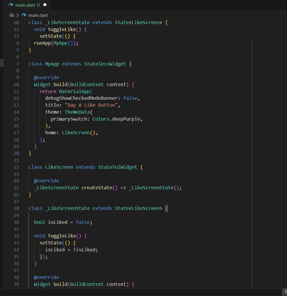 toyosii_ii's tweet photo. Day 8 of my #100DaysOfCode
Built a like button interaction similar to what you see in social apps. When the icon is tapped, it toggles between liked and unliked using a boolean variable and setState() to update the UI instantly.
#100DaysOfFlutter https://t.co/ZRa56LyUXh