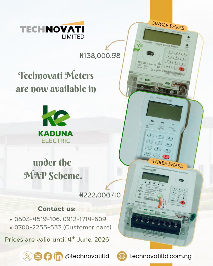 technovatiltd's tweet photo. Upgrade to a reliable prepaid meter today.
Available now under the Kaduna Electric MAP Scheme.

#Technovati 
#SmartMeter 
#energyinnovation
#Kadunaelectric 
#KAEDCO https://t.co/DCebqjAXiU