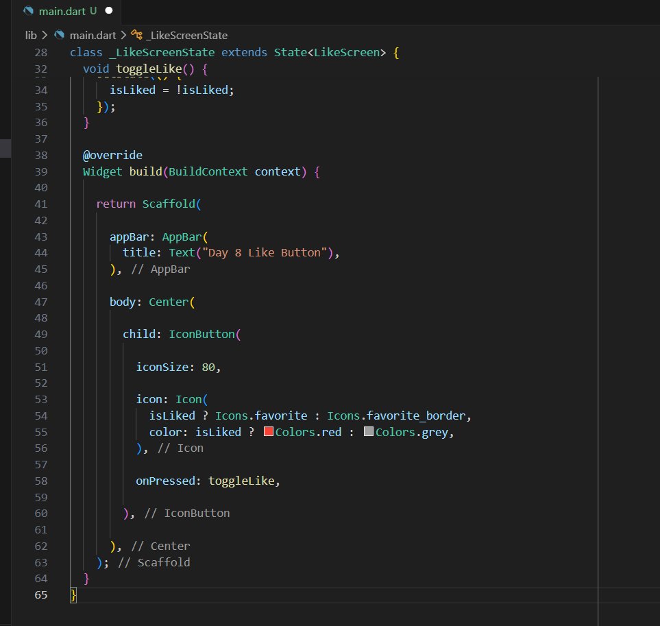 toyosii_ii's tweet photo. Day 8 of my #100DaysOfCode
Built a like button interaction similar to what you see in social apps. When the icon is tapped, it toggles between liked and unliked using a boolean variable and setState() to update the UI instantly.
#100DaysOfFlutter https://t.co/ZRa56LyUXh
