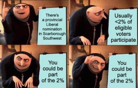 Nominations are decided by the very few people who show up.

If you live in Scarborough Southwest, you can vote in the Ontario Liberal nomination.

Sign up to vote ➡️  teamnate.ca/ssw