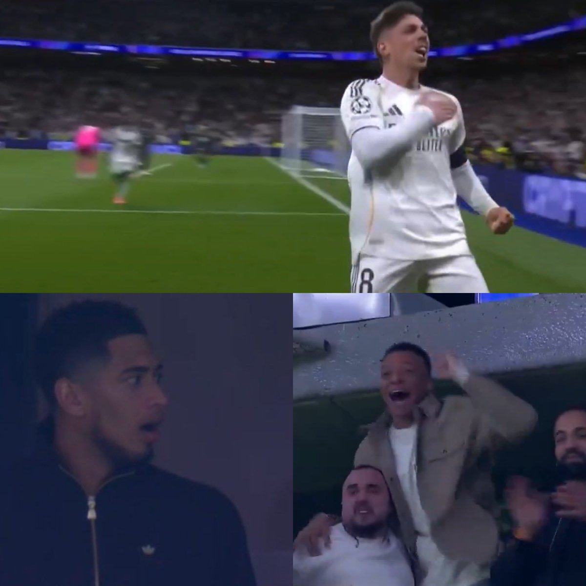 Juezcentral's tweet photo. Qué secuencia en el Bernabeu. Fede Valverde completa su hattrick. En la tribuna, Jude Bellingham y Kylian no lo pueden creer. 

Tres goles en el primer tiempo de un tipo que no es delantero. Con Fede Valverde voy a la guerra, siempre. https://t.co/VxP2G5W0yr