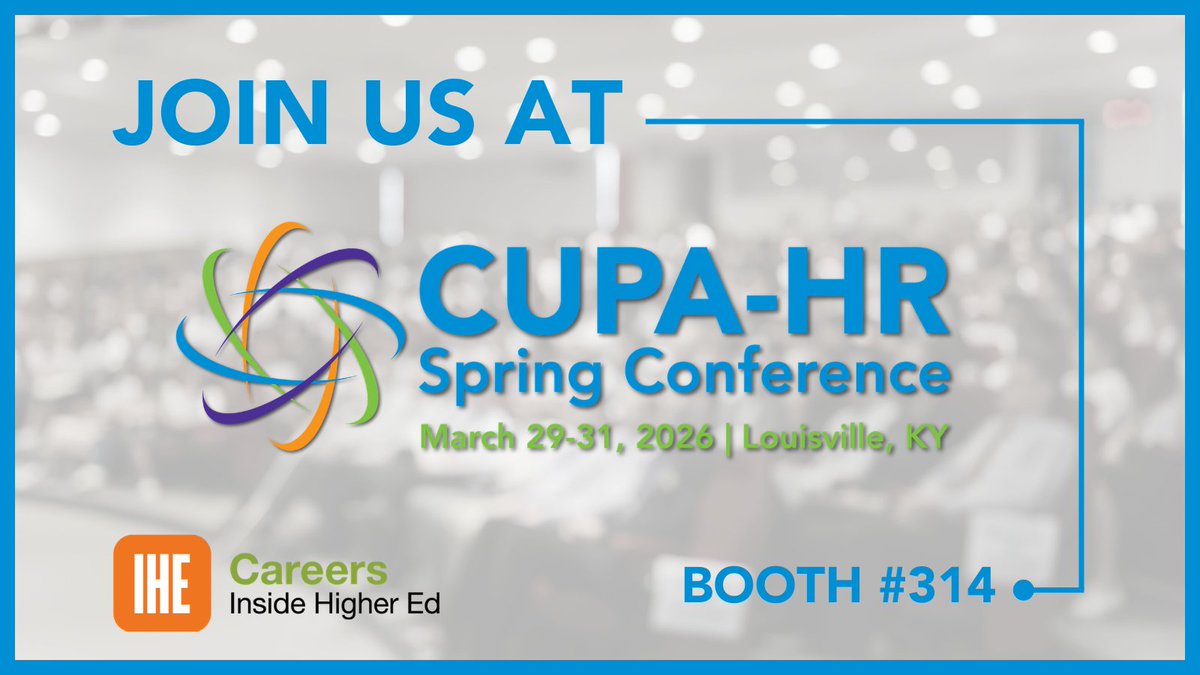 insidehighered's tweet photo. Inside Higher Ed Careers is excited to be exhibiting at the 2026 CUPA-HR Spring Conference, on 3/29-31, in Louisville, Kentucky! Stop by booth #314 to say hello. Want to learn more about our hiring solutions ahead of time? Visit: https://t.co/YhTaju2Q13 #cupahr26 #higheredhr https://t.co/5EsY1Zgj91