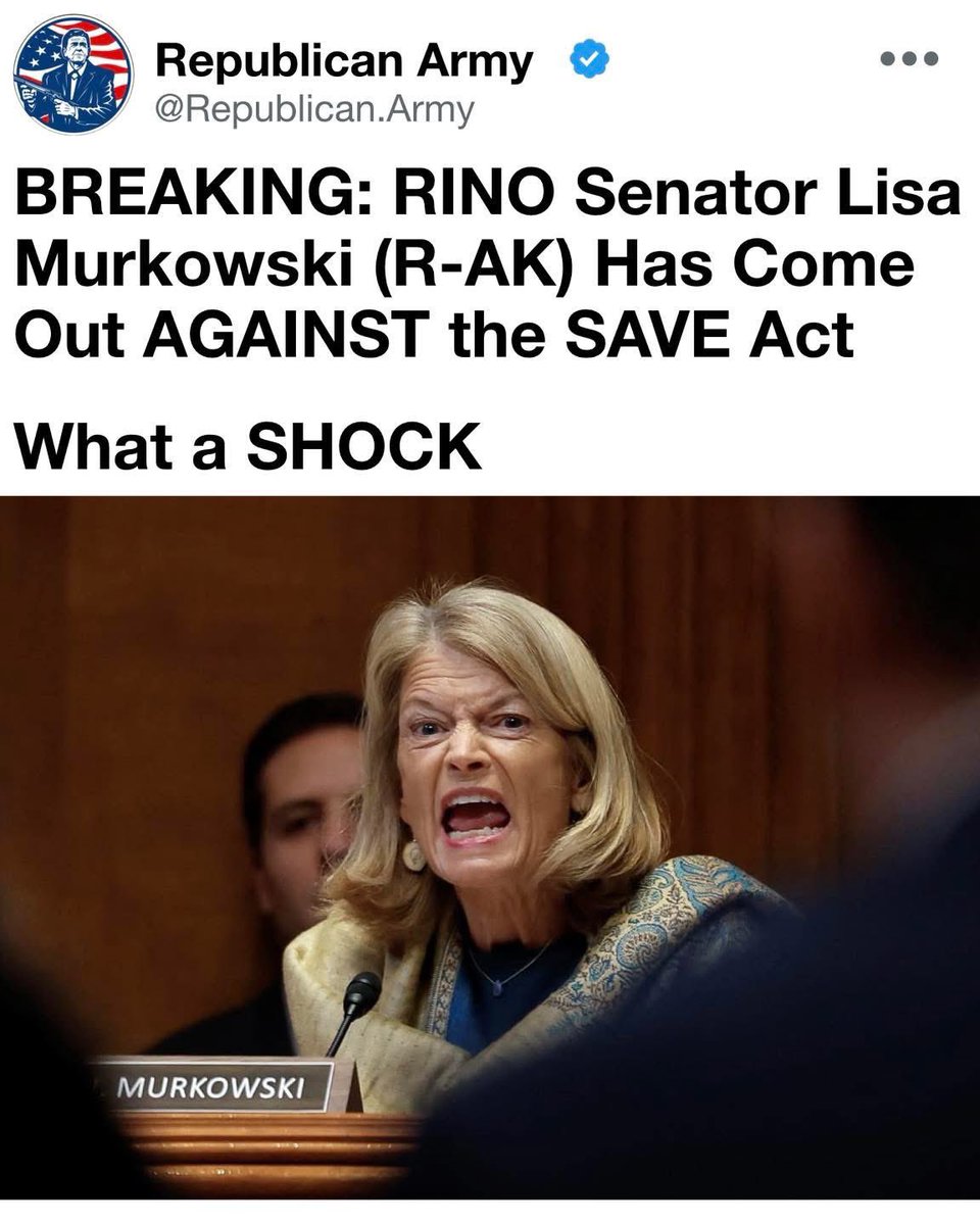 GigaBeers's tweet image. Murkowski isn’t worried about “democracy.”

She’s worried about secure elections ending the ranked-choice lifeline keeping her in office.

Pass the SAVE Act. America First. 🇺🇸🇺🇸
