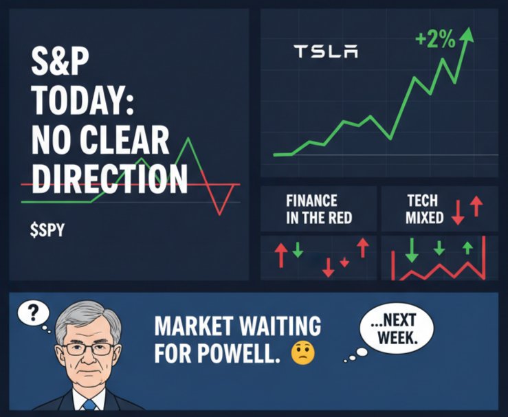 El S&amp;P hoy: sin dirección clara.
TSLA volando +2%, finanzas en rojo, tech mixta.
El mercado igual que todos... esperando que Powell diga algo la próxima semana. 🤷
$SPY $TSLA #SP500 #FOMC