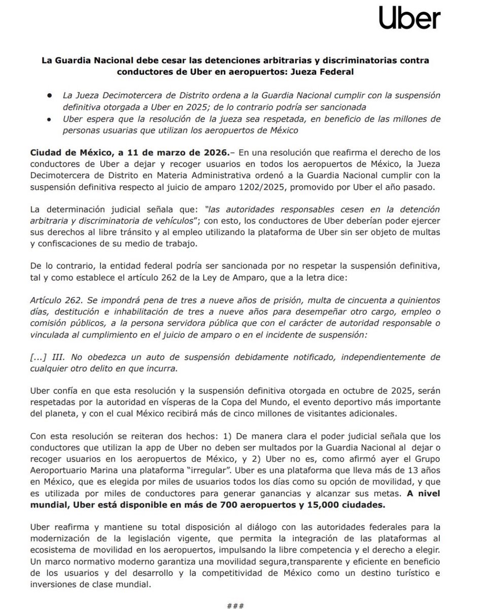 #Uber pidió a la <a href="/GN_MEXICO_/">Guardia Nacional</a>  dejar de detener a sus conductores en aeropuertos. La empresa afirma que existe un amparo federal que permite recoger y dejar pasajeros, pese a operativos reforzados tras protestas de taxistas. Usuarios cuestionan si se está respetando la ley. 🚕⚖️