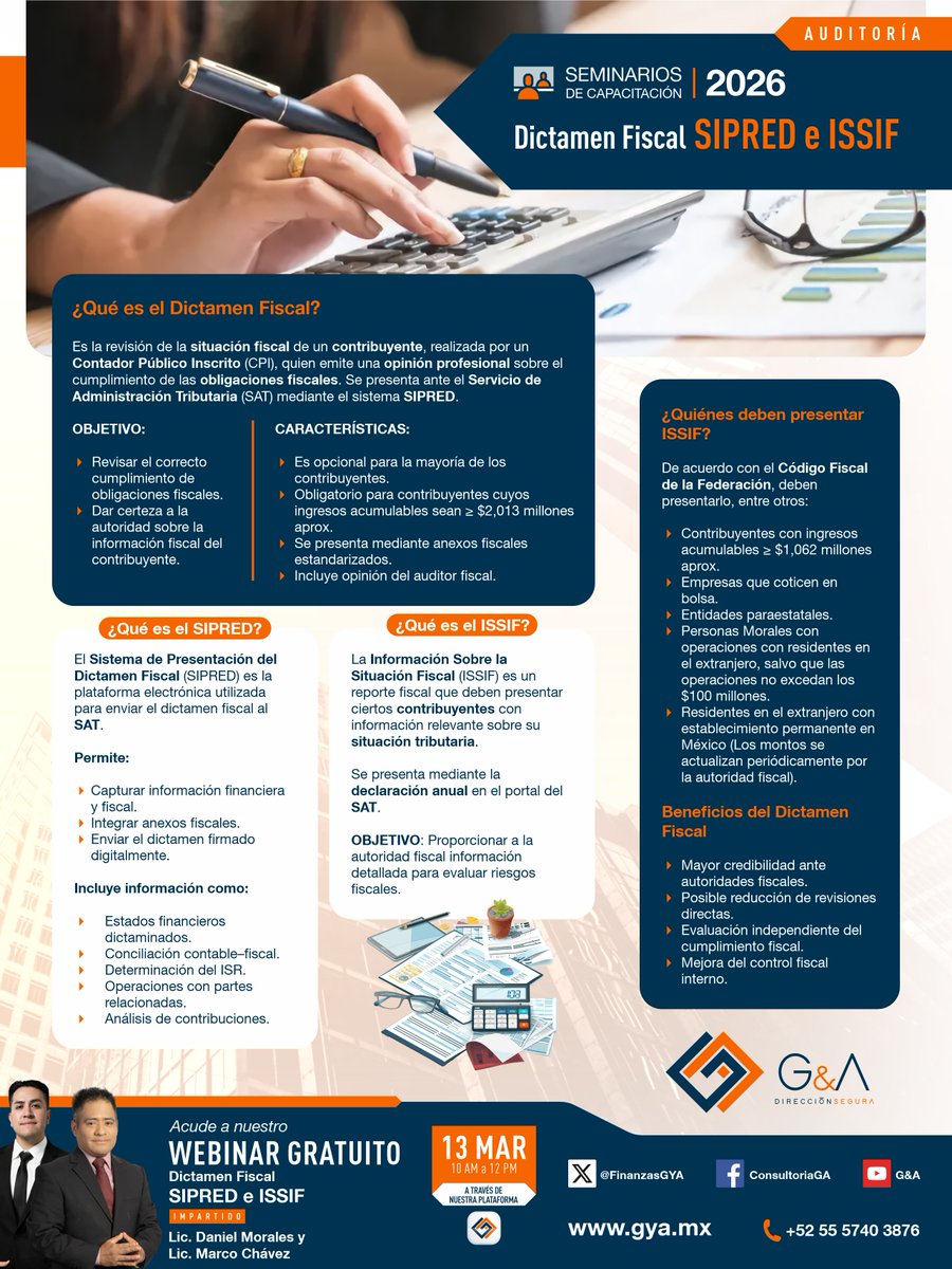 FinanzasGyA's tweet photo. Dictamen Fiscal SIPRED e ISSIF
Para acceder gratuitamente a todos nuestros seminarios de capacitación, deberás ingresar a nuestra plataforma.
Plataforma Digital: https://t.co/chFUZLsHi9?
Canal de YouTube: https://t.co/Kl96PRl0aG https://t.co/zSvs9egL2C