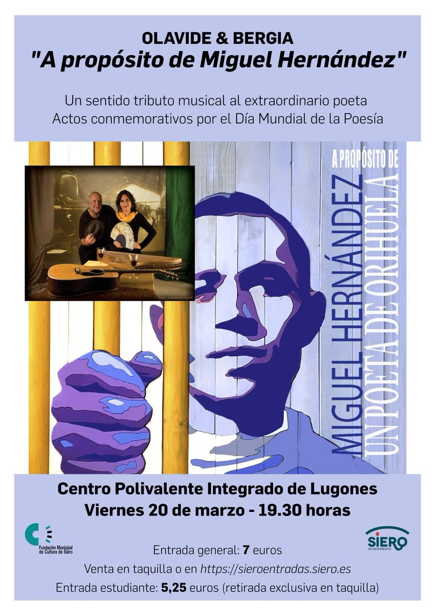 alcauei's tweet photo. Viernes 20 de Marzo a las 19:30h. Centro polivalente integrado de Lugones. Begoña Olavide &amp; Javier Bergia "A propósito de Miguel Hernández". https://t.co/3onRXeg301