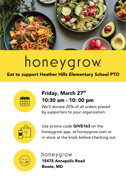 HHES_PTO's tweet photo. Join us for our March Dine Out event at honeygrow: March 27th from 10:30 am - 10:00 pm
20% of all orders will be donated to the HHES PTO (use the promo code: GIVE163)! https://t.co/zvIsZAQf8J