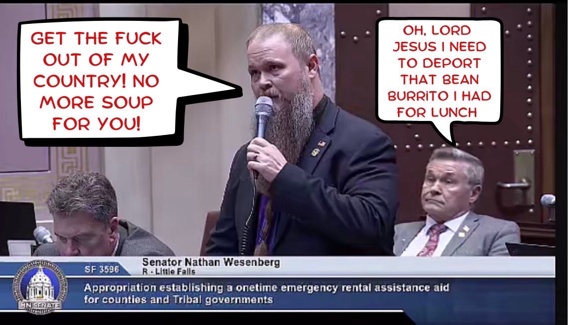 MnlegMemes's tweet photo. Sources at the #MNleg tell us that @FreedomCaucusMN retitled @Lindsey_Port’s Emergency Rental Assistance bill “Rent For Riots” &amp; distributed flyers opposing it. @Nate4Senate called it “free rent for illegal aliens” &amp; demanded undocumenteds be kicked out of their homes &amp; out of MN https://t.co/4sj8v0d74Y