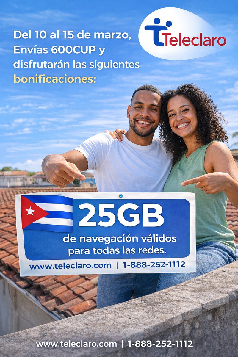 Teleclaro's tweet photo. Del 10 al 15 de marzo, Envias 600CUP y disfrutarán las siguientes bonificaciones:
25GB de navegación, válidos para todas las redes. #CubaNoEstáSola #CubaVencerá #cubanosenmiami #llamadasinternacionales #recargascubacel https://t.co/nvwCpIP5OA
