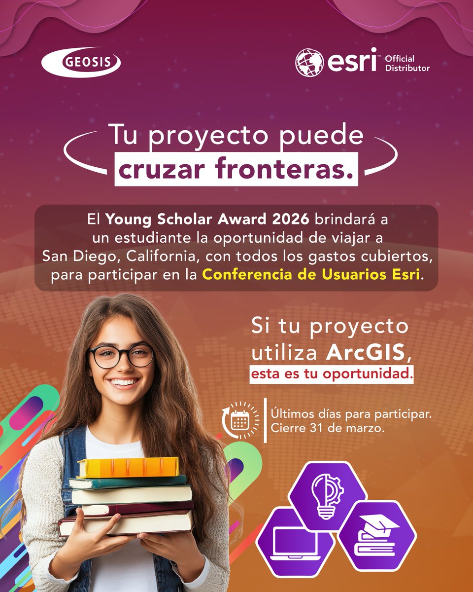 GEOSISSV's tweet photo. Tu proyecto con ArcGIS puede llevarte a San Diego, California.

📅 Fecha límite: 31 de marzo.

🚨 ¡Conoce las bases, prepara tu proyecto y aplica! ⬇️
https://t.co/YWv939gBC5

#ArcGIS #GEOSIS #YoungScholars https://t.co/DizvO6Dt9h