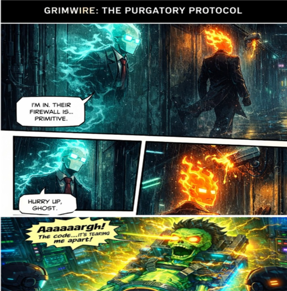 Chapter 3: Infiltration
They find the secret chamber. There, strapped to glowing cables and suffering from a massive data surge, is Nuclear Skull. He was AETHER’s original architect, betrayed and turned into a radioactive battery. The group frees him amidst a blast of yellow