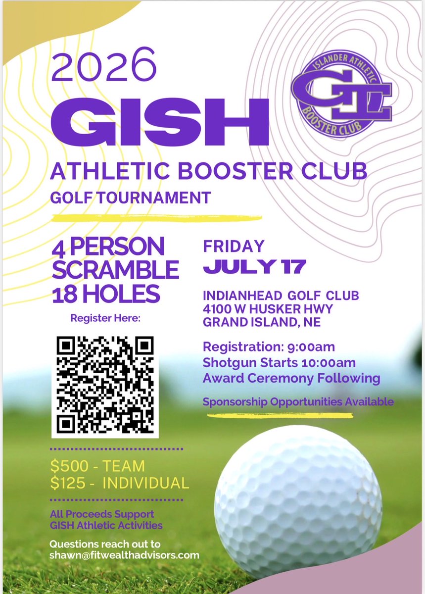 ⛳️ Tee Up for GISH Athletics!

🏌️ 4-Person Scramble
📅 Friday, July 17
📍 Indianhead Golf Club – Grand Island
⏰ Shotgun Start: 10:00 AM

We’re currently looking for teams and sponsors to help make this event a huge success!

events.golfstatus.com/event/2026-gis…