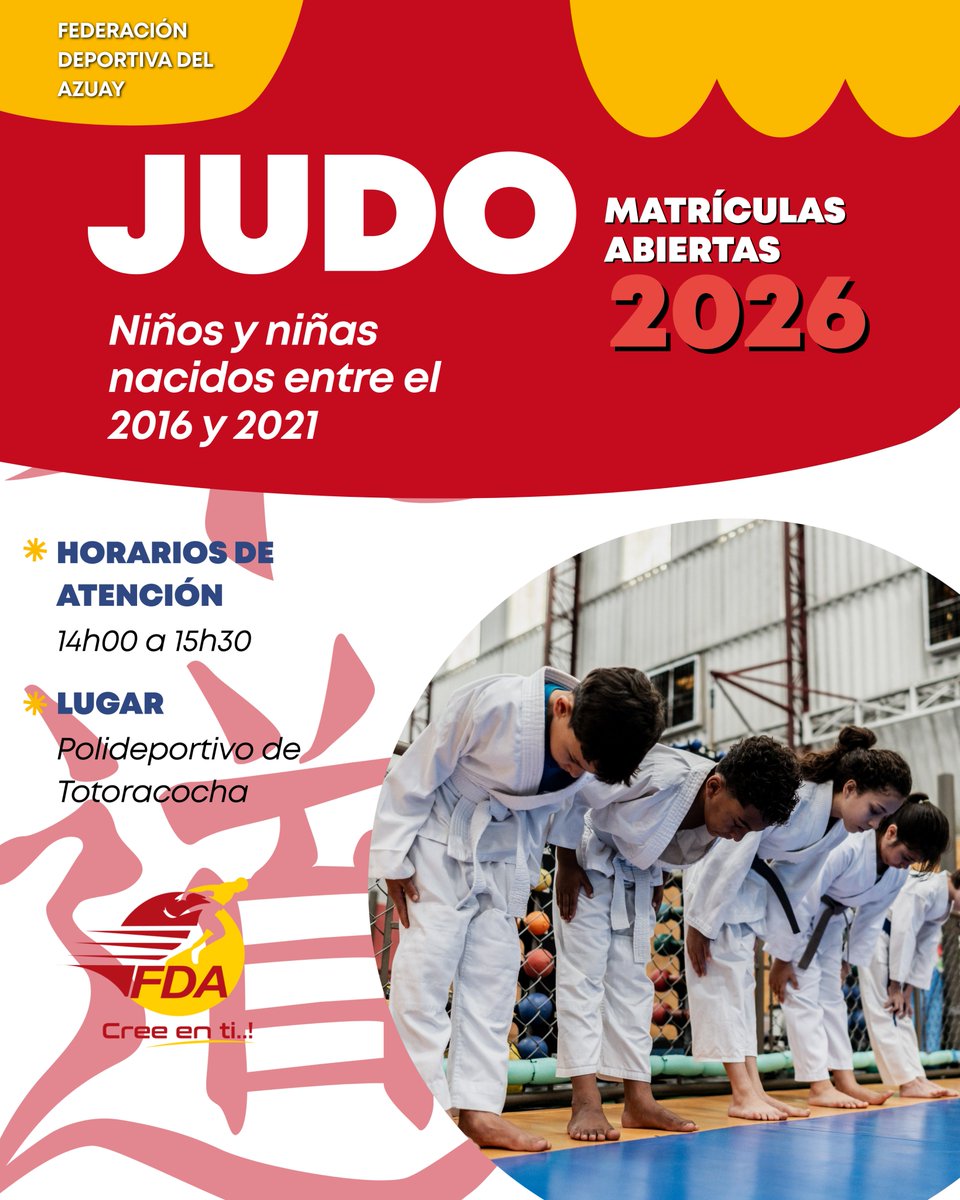 📌 Dentro de la constante lucha por la masificación que promueve <a href="/FEDEAZUAY/">Fedeazuay</a> se invita a la niñez a sumarse a la Escuela de Judo, polo de desarrollo del Polideportivo de Totoracocha.

📍Más información:
▶️facebook.com/photo?fbid=263…

🚨RECUERDA🚨
👉<a href="/FEDEAZUAY/">Fedeazuay</a> CREE EN TI..!