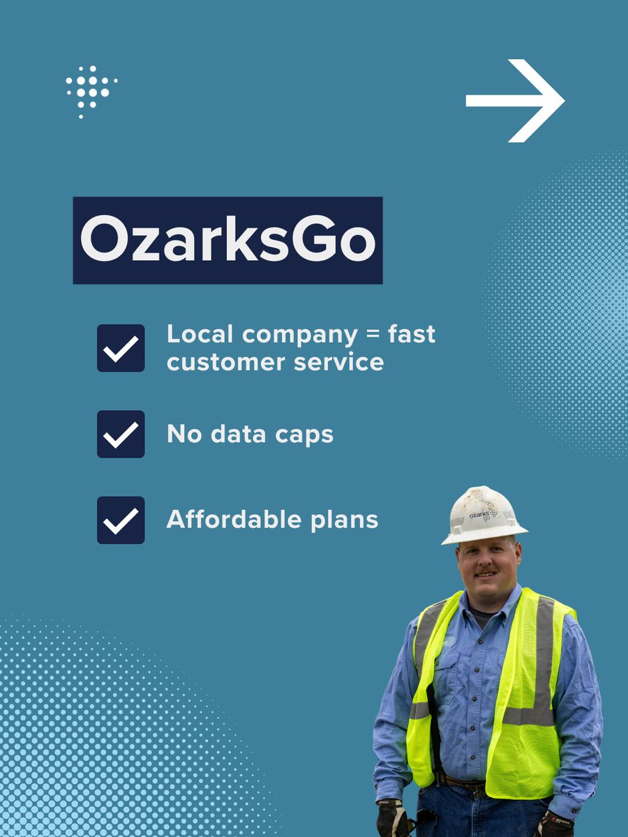 OzarksGo's tweet image. Why choose OzarksGo?➡️

✅ Local company = fast customer service  
✅ No data caps  
✅ Affordable plans  

Stop settling for less. Make the switch today at ozarksgo.net!

#FiberInternet #QualityService #Local