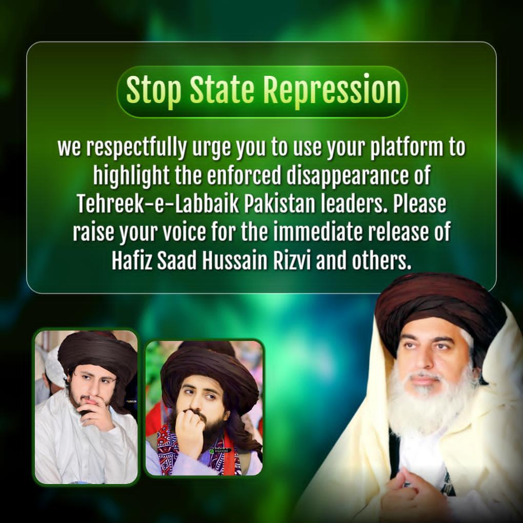 Please raise your voice for the immediate release of Hafiz Saad Hussain Rizvi and others.

<a href="/ItsFSW/">Farrukh Shahbaz Warraich</a> 
<a href="/khurram143/">Khurram Iqbal</a>
<a href="/ShakirAwan88/">Shakir Mehmood Awan</a>

Saad Rizvi 
#سعدرضوی_کوسامنےلاؤ