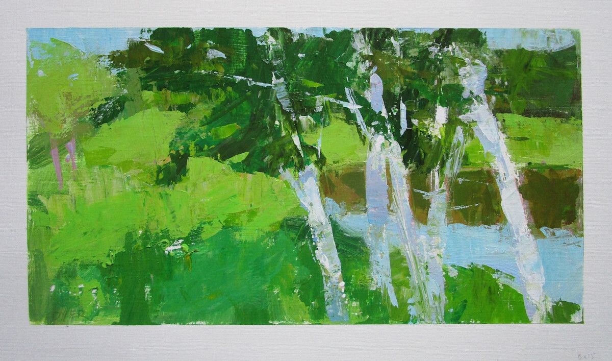 Birches by Pond, by Janet Dyer, lays out a strip of greens and a pale ribbon of water where three birch trunks lean toward the pond and catch cool blues in their reflections. 

Get it now for 20% off with code SPRINGBREAK: 

buff.ly/uabJAgE 

#landscape #art #spring