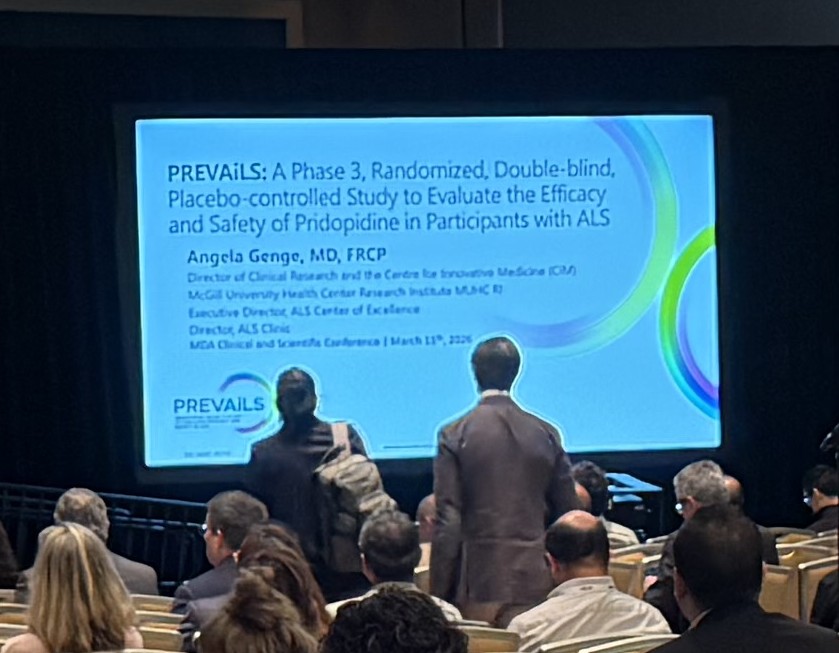 PrileniaTx's tweet photo. Today at the 2026 @MDAorg Clinical & Scientific Conference @genge_angela, MD, FRCP(C), eMBA, who leads the @mcgillu ALS Center of Excellence and is Director of the @cusm_muhc Research Institute Center for Innovative Medicine, presented the design for the Phase 3 #PREVAiLS study in #ALS. Angela is a leading PREVAiLS investigator in Canada, where the study will be enrolling soon. The pivotal global PREVAiLS study of #pridopidine in early, rapidly progressive ALS being undertaken by @PrileniaTx and @ferrerforgood.