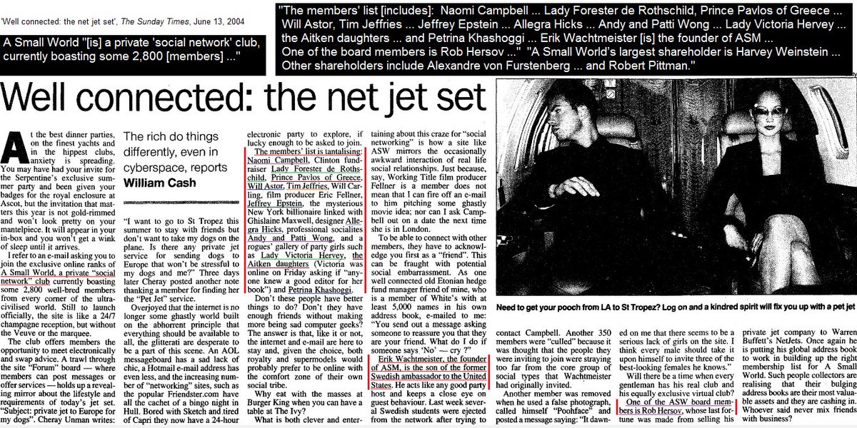 MrLilburne's tweet photo. SMALL WORLD: Jeffrey Epstein’s Social Networking Website with Lynn de Rothshild
MEMBERS
Jeffrey Epstein
Lady de Rothshild
Viscount Astor
Victoria Hervey
Naomi Campbell
Allegra Hicks
SHAREHOLDER
Harvey Weinstein
INVESTOR
Bob Pittman
BOARD
Rob Hersov
FOUNDER
Erik Wachtmeister https://t.co/LTF1VpYkL7