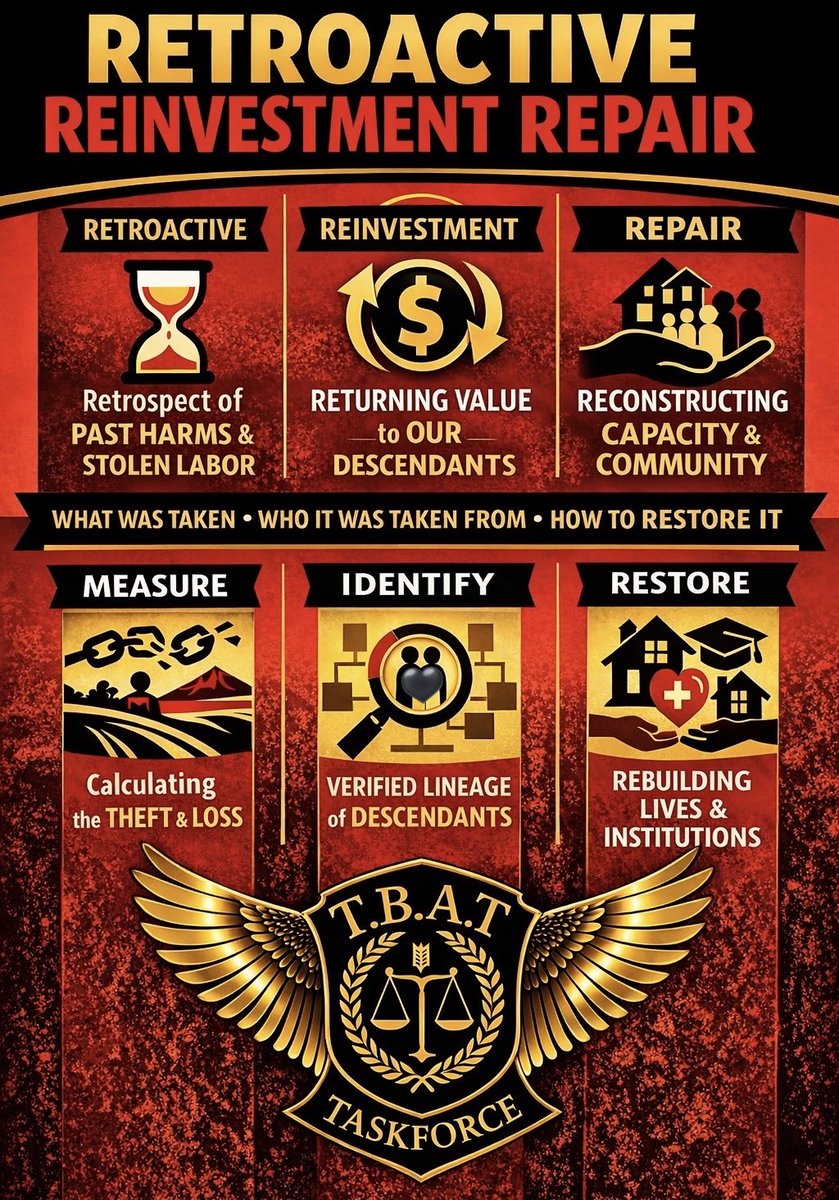 TBATTaskforce's tweet image. Real reparations requires structure.

1️⃣ #Retroactive: recognizing past harms &amp;amp; stolen labor
2️⃣ #Reinvestment: returning value to descendants
3️⃣ #Repair: rebuilding capacity &amp;amp; community

Measure.
Identify.
Restore.

This is the work.

#WeAreTBAT #LineageVerification #Reparations