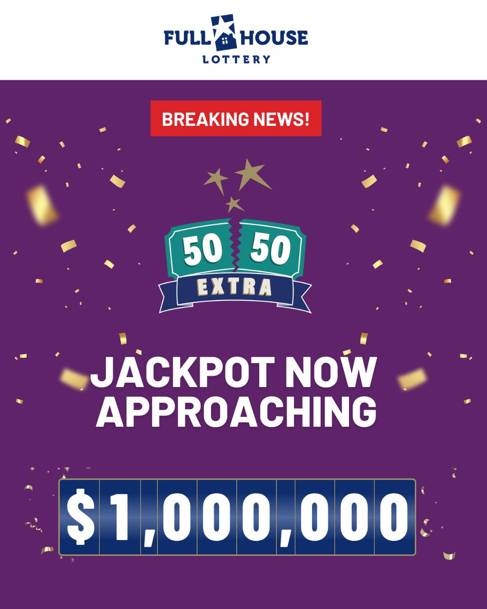 FHLottery's tweet photo. 🚨 Breaking News! The 5050 Extra jackpot is now approaching $1 MILLION! 🚨

Buy your tickets NOW at https://t.co/O50CxGGHkR! https://t.co/6CWvWP7ute