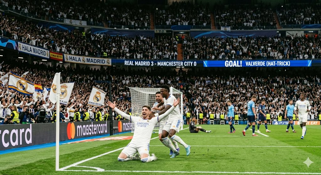PASOD6's tweet image. Valverde’s Historic Hat-Trick: Captain Federico Valverde was the undisputed star of the night. He secured a first-half hat-trick (20', 27', and 42'), punctuated by a breathtaking third goal involving a cushioned volley over a defender. #UCLLive