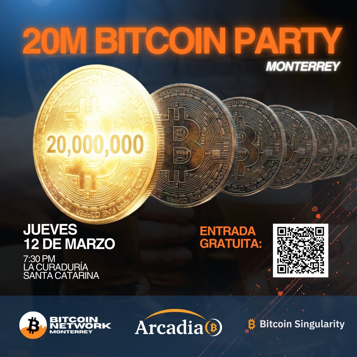 btcnetworkmty's tweet photo. MAÑANA 🍻

El suministro de #Bitcoin acaba de cruzar los 20,000,000 BTC, celebralo con nosotros:

🗓 Jueves, 12 de marzo
🕣 7:30 PM
📍 LaCuraduría
👇 Cupo limitado, registro abajo https://t.co/HV2sh1NTLR