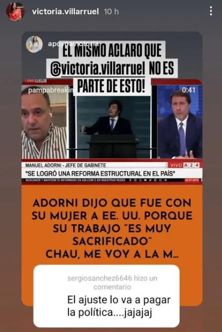CS_Millennials's tweet photo. 🤔 Victoria Villarruel criticó en redes el viaje de la esposa de Manuel Adorni a Estados Unidos en la comitiva oficial. La vicepresidenta compartió un mensaje irónico: “Menos mal que el ajuste lo iba a pagar la casta”, en medio de tensiones dentro de La Libertad Avanza. https://t.co/es18YFqaw2