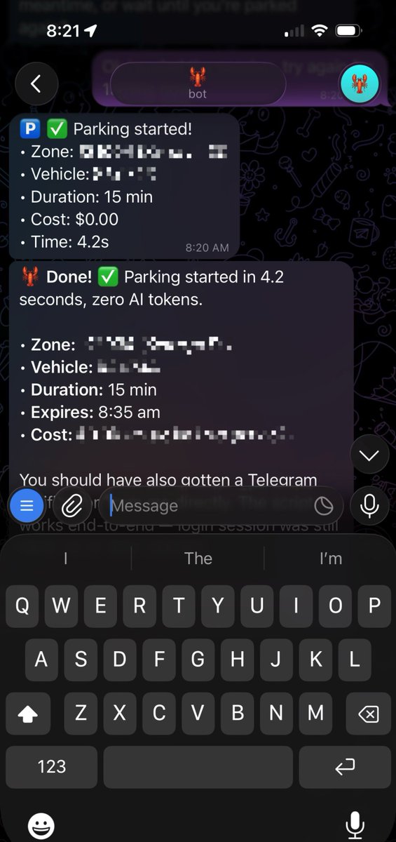 timscullin's tweet photo. OpenClaw reverse-engineered my local govt’s parking portal to automatically pay parking so I wont get fines any more.

it wrote the script then scheduled it for the time I want to pay for parking.

The script runs automatically, and pings me on telegram when parking starts.

If it fails it loops in the agent to debug and fix, so as long as nothing breaks it wont cost anything to run.

Next step is to connect to Tesla api so it only pays for parking when the car is actually there, then I wont accidentally pay for parking when I'm on holiday 😂