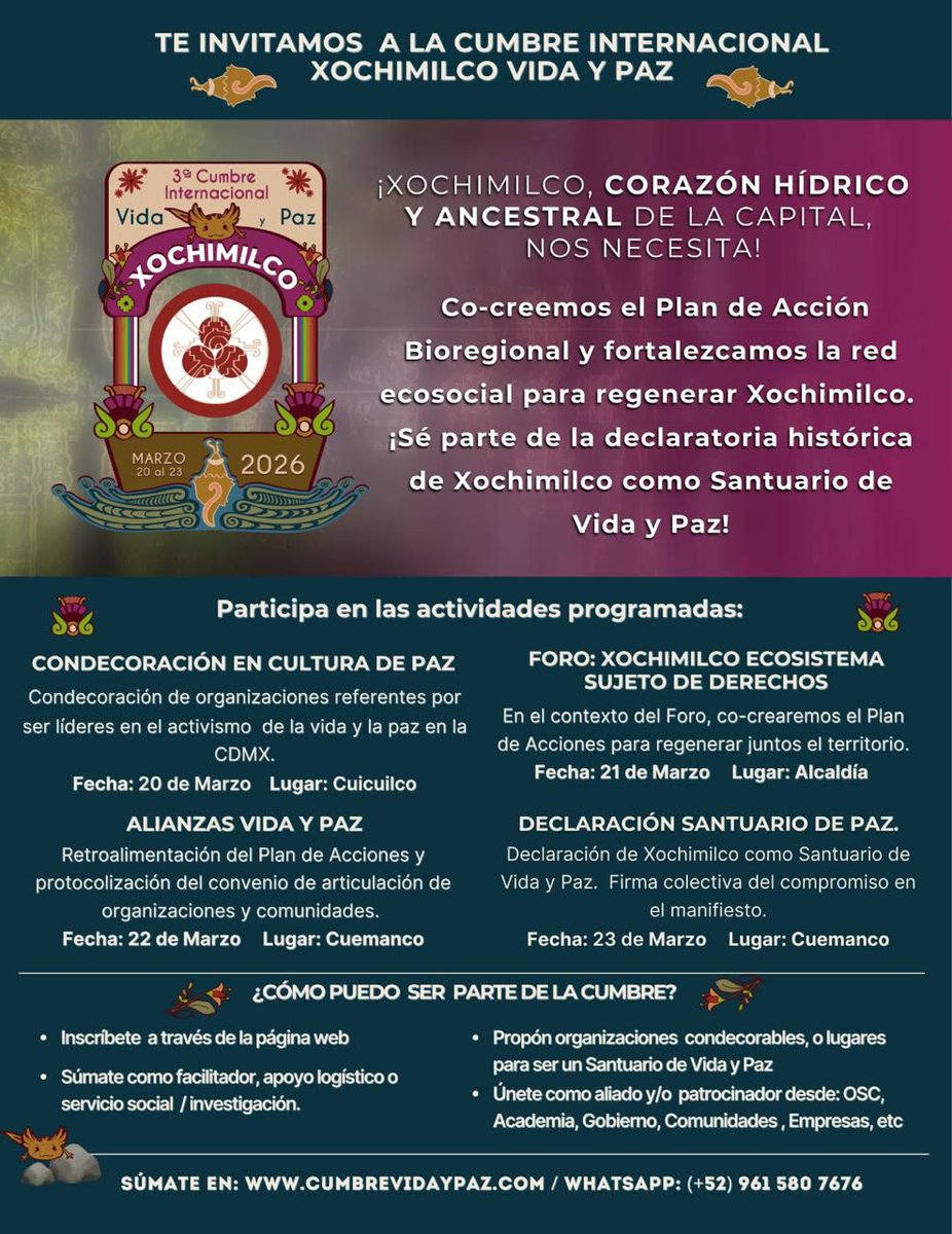 ⭐Cumbre Xochimilco Vida y Paz, convoca:🐚

📡 Reunión Informativa: us02web.zoom.us/j/89203076606?…
ID: 892 0307 6606 / Passcode: 799996

🗓️ Miércoles 11 de Marzo.
⏰De las 7 a 8:30 pm. 🇲🇽

🔗 Web: cumbrevidaypaz.com.mx 
📖 Manifiesto para la declaratoria: docs.google.com/document/