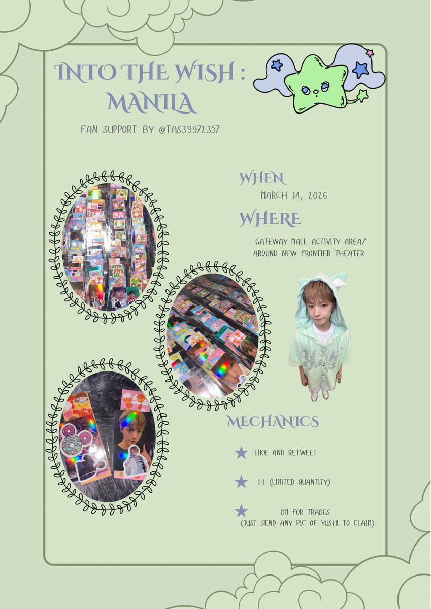 🌟 INTO THE WISH: OUR WISH IN MANILA Freebies 🌟

✨ Photo Card and Stickers 
✨ 1:1 (LIMITED QUANTITY)
✨ LIKE &amp; RETWEET 
✨ DM FOR TRADES 
(JUST SEND ANY PIC OF YUSHI TO CLAIM)

#NCTWISH #NCTWISH_WISH #OurWish_MANILA #INTOTHEWISH  #SION #RIKU #YUSHI #JAEHEE #RYO #SAKUYA
