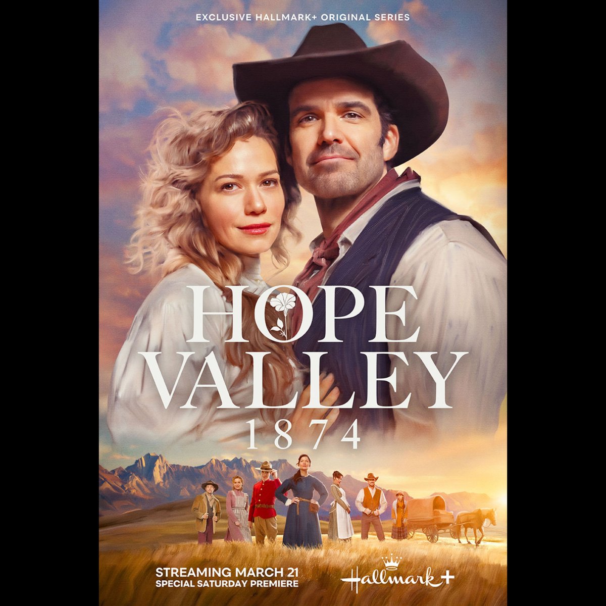 PinkSunsetxo's tweet image. Official series poster for Hope Valley: 1874 starring Bethany Joy Lenz &amp;amp; Benjamin Ayres that has the premiere date. It premieres exclusively on Hallmark+ March 21st &amp;amp; will have a new episode premiere every Thursday after that. It has 8 new episodes  #HopeValley

📸 Hallmark Media