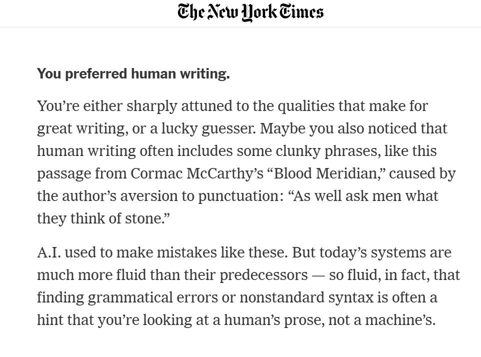 it’s bad enough that choosing the human writer gets you this smarmy bullshit but trying to pass off a quote from Blood Meridian, the greatest look at the dark heart of America ever written and the best American novel since Moby Dick, as an example of clunky writing. fuck off