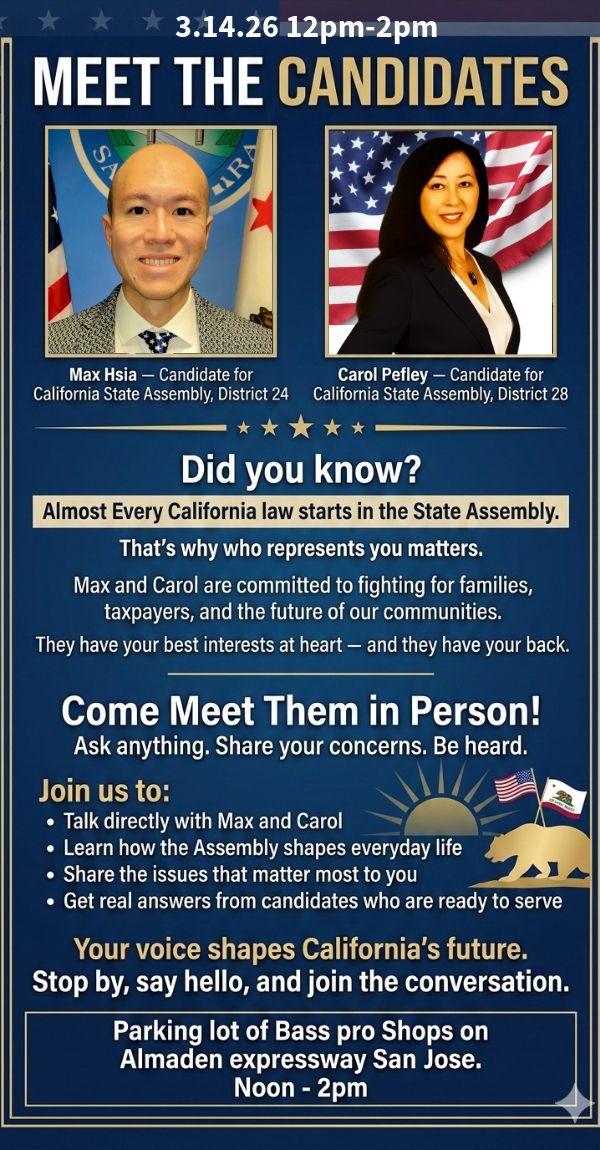 Max4California's tweet photo. Meet your local candidates running for office to represent your voice and interests!  Carol Pefley and I are running for State Assembly.

We truly want to improve things in our communities♥️ 

Meet us and ask questions this Saturday 12-2pm at Bass Pro, San Jose 👋🏻 https://t.co/28x1DgCkzf
