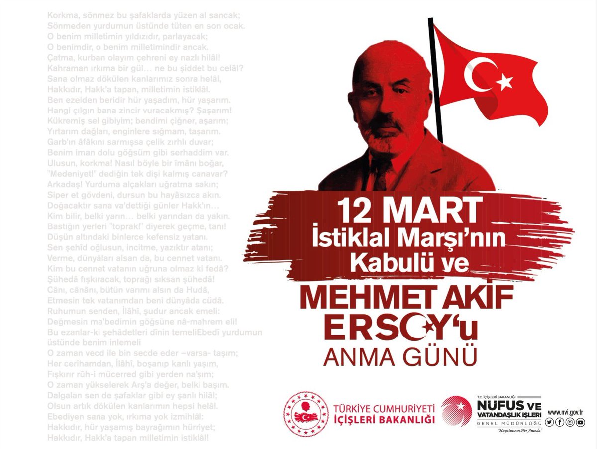 İstiklal Marşımızın yazarı Şair Mehmet Akif ERSOY’u rahmetle, saygıyla ve minnetle yad ediyoruz. 🇹🇷

#12Mart1921 
#HayatınızınHerAnında
