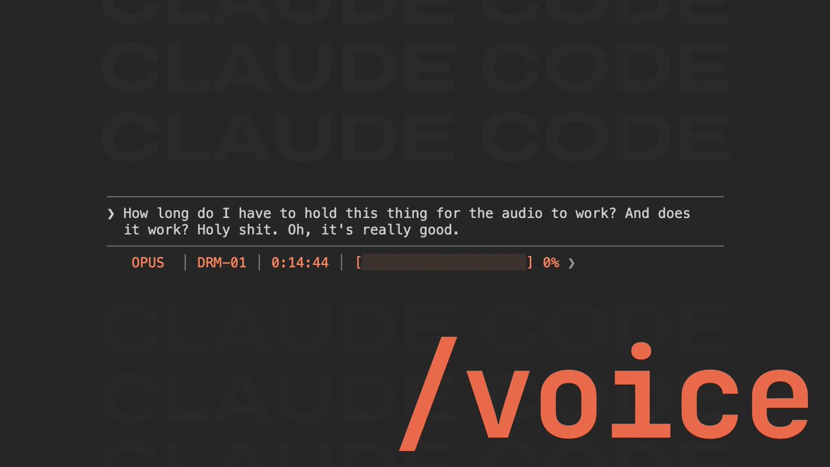 Really impressed by the performance of /voice in Claude Code. 

I'm whispering at a comically low volume and the microphone on the MBP is picking up speech with speed, accuracy, and punctuation. 

Still room to improve, but keyboards will soon be strange artifacts of the past.