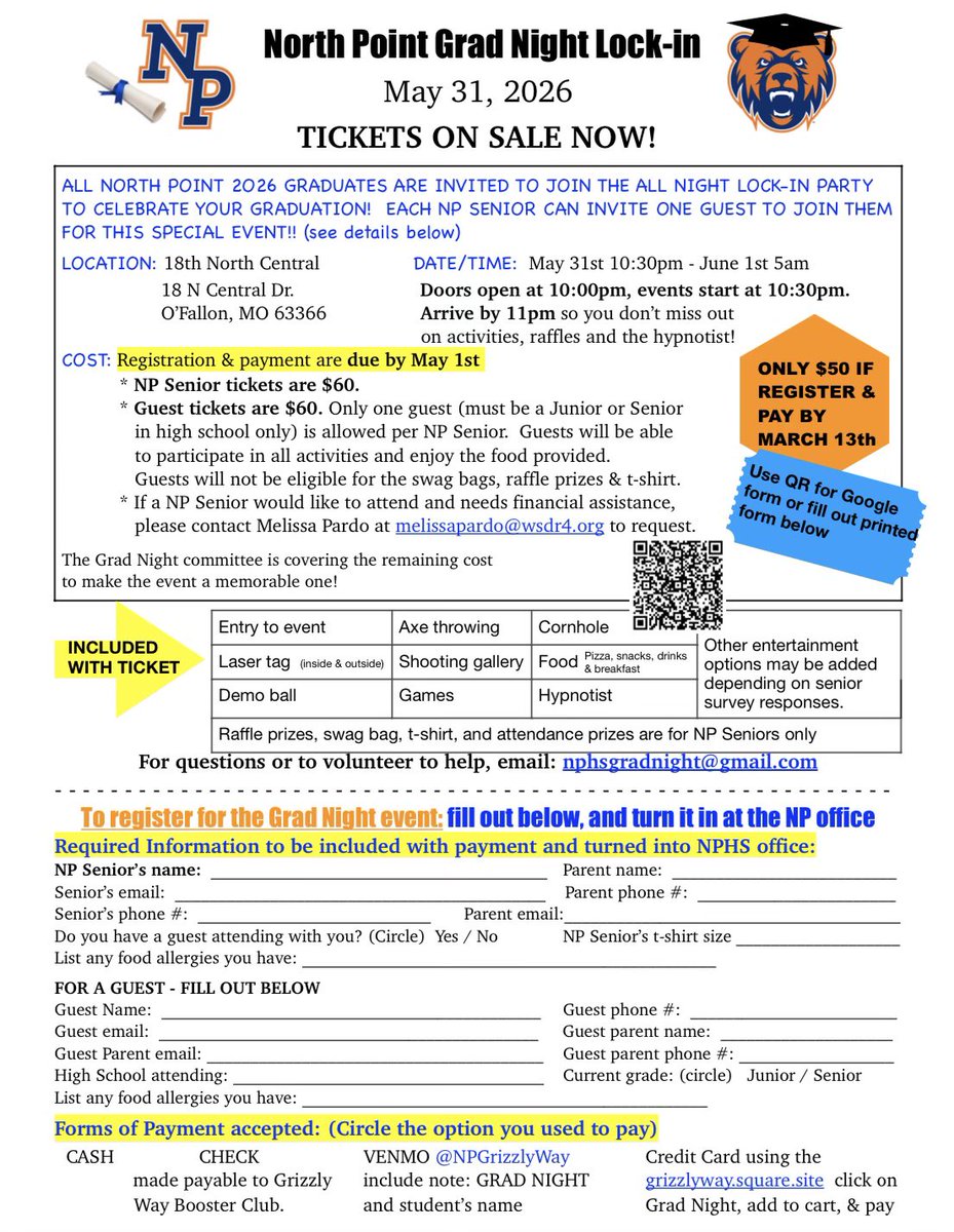 NP_Grizzly_AD's tweet photo. The Grad Night Lock-in registration is currently underway. Anyone who registers and pays today, tomorrow or Friday will be able to pay the discounted price of $50. After Friday the price increases to $60 per person. https://t.co/1Emdjp985q
