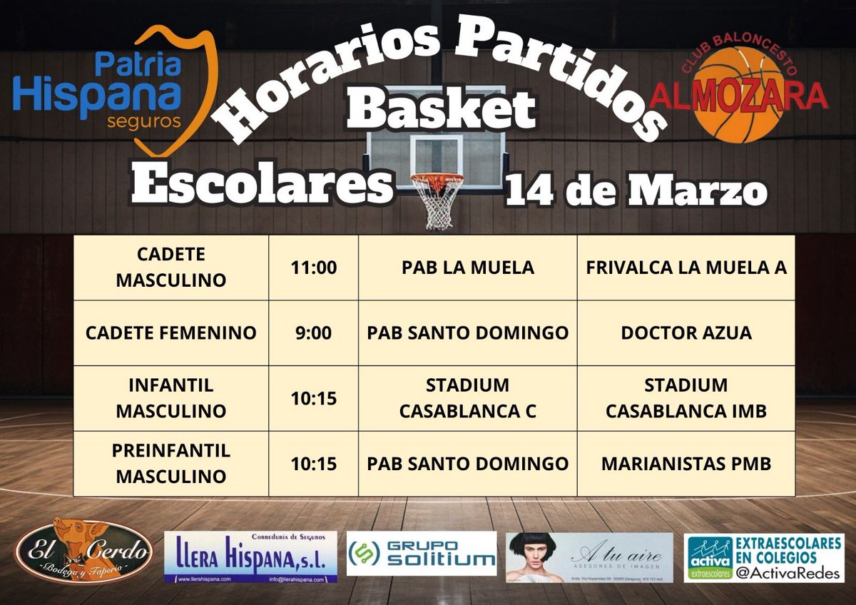 CBAlmozara's tweet photo. Horarios de los partidos del fin de semana @FabasketAragon @Iloveminibasket 🏀🏀🏀 https://t.co/4xVJjN2qUY