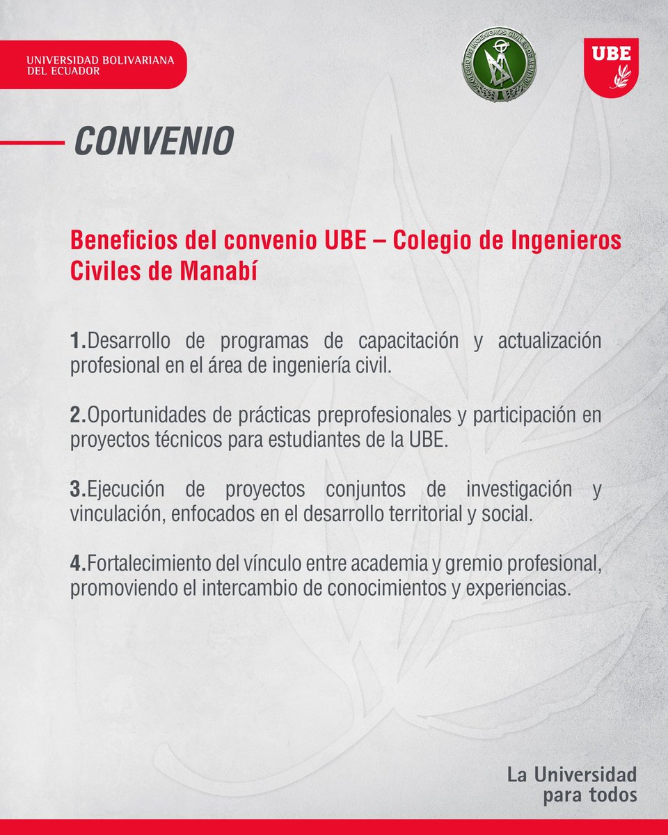 UbeEcuador's tweet photo. #NoticiasUBE | UBE y Colegio de Ingenieros Civiles de Manabí fortalecen cooperación académica y profesional 🏗️🤝

La Universidad Bolivariana del Ecuador (UBE) y el Colegio de Ingenieros Civiles de Manabí suscribieron un Convenio Marco de Cooperación Interinstitucional con el propósito de promover programas de capacitación, investigación y vinculación que contribuyan al fortalecimiento de la formación profesional en el área de ingeniería civil.

Este acuerdo permitirá desarrollar proyectos conjuntos, fomentar la participación de estudiantes en prácticas preprofesionales y promover actividades académicas que fortalezcan el intercambio de conocimientos entre la academia y el gremio profesional, aportando al desarrollo territorial y al crecimiento del sector de la ingeniería en el país. 🎓📐