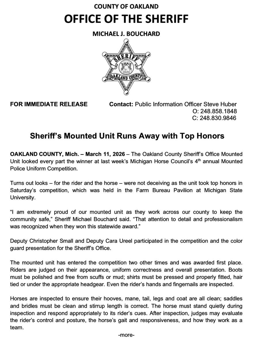 oaklandsheriff's tweet image. Sheriff Bouchard is very proud of our mounted unit as they take first place, again!