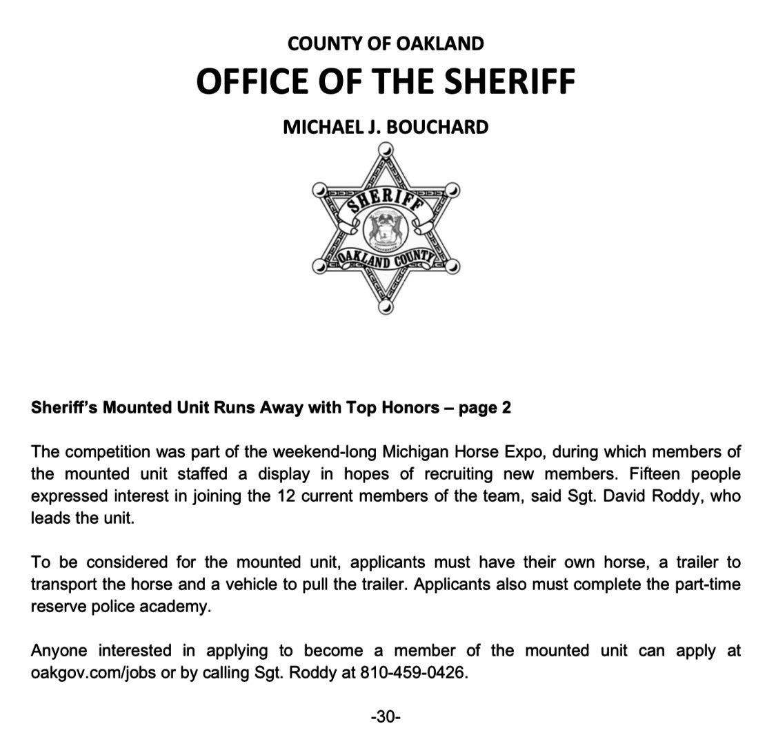 oaklandsheriff's tweet image. Sheriff Bouchard is very proud of our mounted unit as they take first place, again!