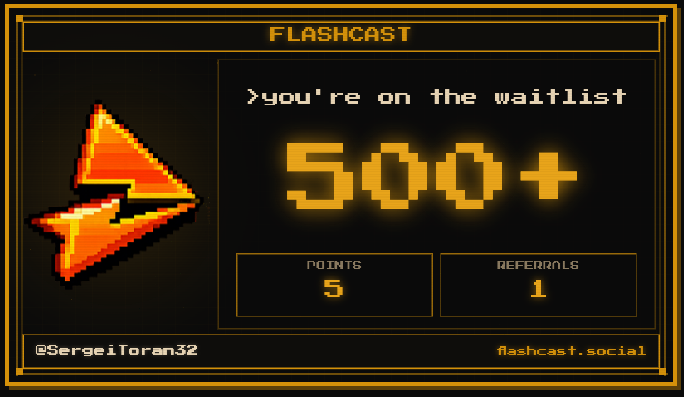 SergeiToran32's tweet photo. My Flashcast Social waitlist position is: 500+ https://t.co/c54x7k4MBB