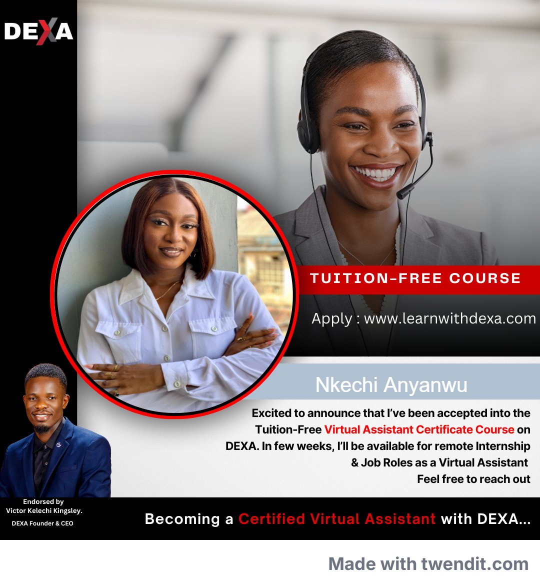 Nkfavy1's tweet photo. Thrilled to announce that I’ve been accepted into the Tuition-Free Virtual Assistance Course on DEXA. In 3weeks, I’ll be available for remote Internship & Job Roles as a Certified Virtual Assistant. https://t.co/khuwDsEIuY @Learnwithdexa
#Learnwithdexa https://t.co/Wpf3YGvSQp
