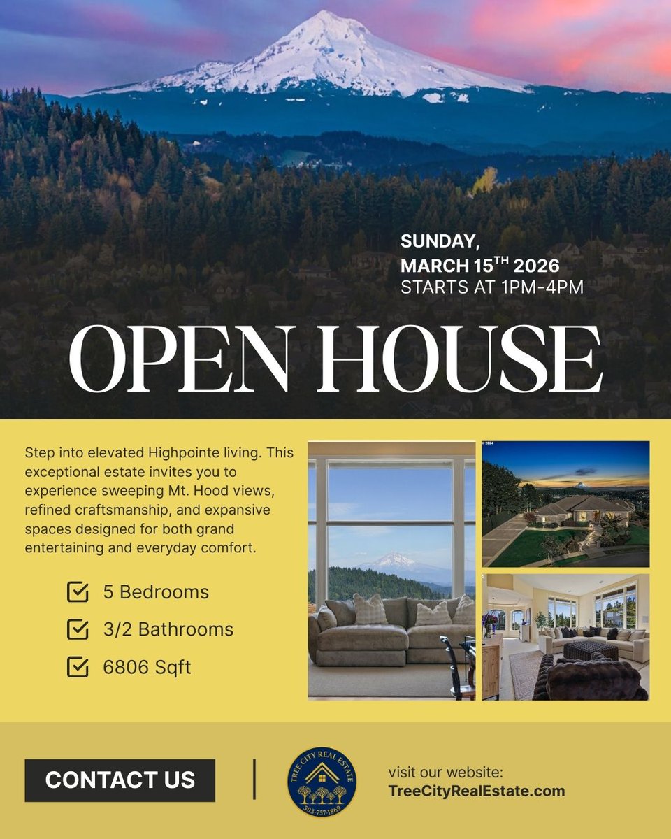 TreeCityRE's tweet photo. 🏔 OPEN HOUSE | HIGHPOINTE
Sun, March 15 | 1PM–4PM
$1,999,900 | 5BD | 6,806 SF
11719 SE Solomon Ct, Happy Valley
Unobstructed Mt. Hood views, main-level primary suite, elevator &amp; 3-car garage w/ RV parking.
Hosted by Principal Broker Lizbeth Abbott
📞 503-757-1869 https://t.co/R3SSijJ3Lj