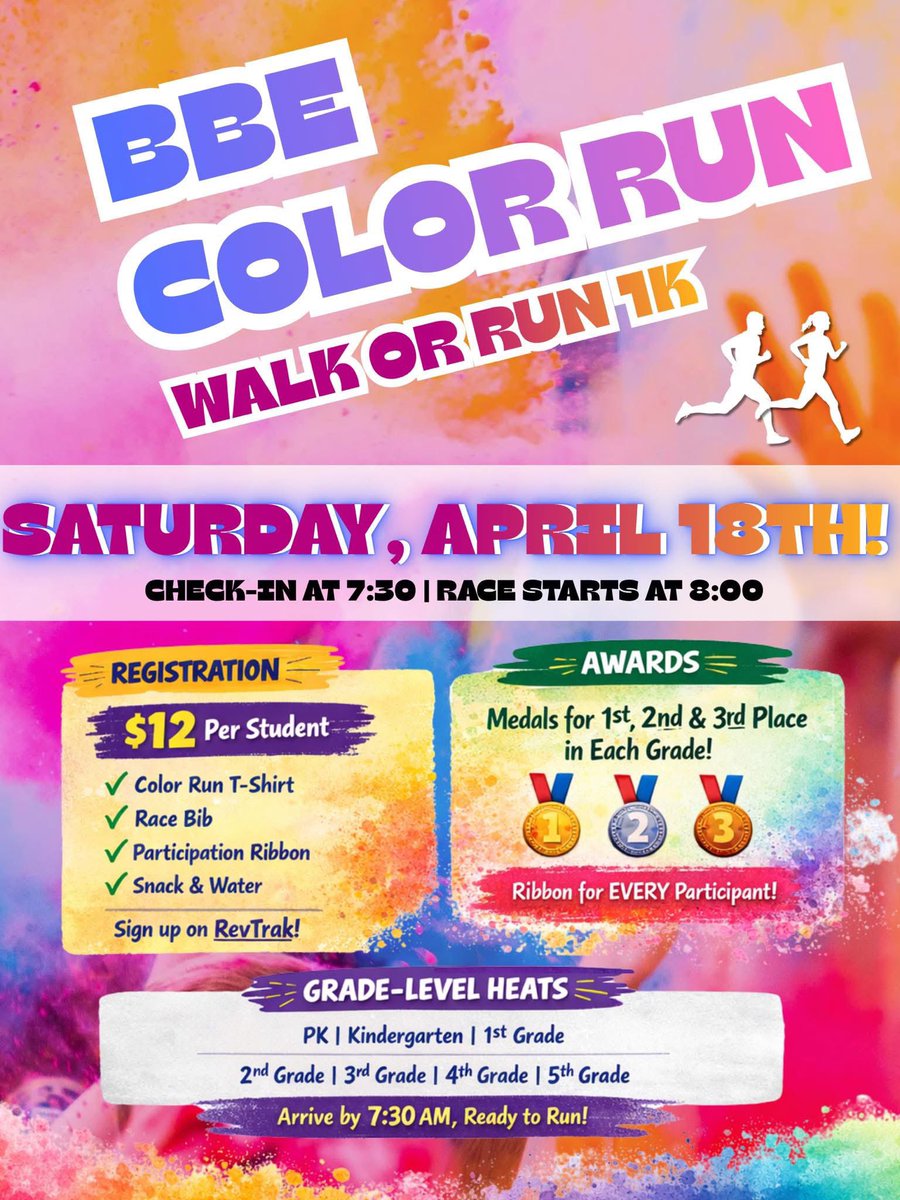 ArtwithmsZ's tweet photo. 🌈🏃 Join us for the BBE Color Fun Run!

📅 April 18 | ⏰ 8:00 AM
💲 $12

⚠️ Register by Saturday!
https://t.co/3zWwDdlCU5

@BBE_Bullfrogs https://t.co/qTKxGiNCwo