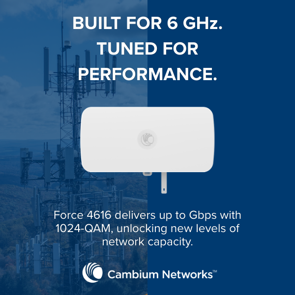CambiumNetworks's tweet photo. 6 GHz spectrum. 16 dBi integrated antenna. The ePMP Force 4616 delivers reliable, high-capacity subscriber performance for growing fixed wireless networks.
Order now: https://t.co/gUKuoedw5j
#ePMP #Force4616 #6GHz #WISP #FixedWireless https://t.co/H9T0FKRgsC
