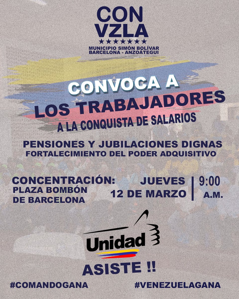 LaCausaRVe's tweet photo. Este jueves #12Marzo concentración  en #Barcelona , Anzoátegui 
Los trabajadores se movilizan 
por PENSIONES Y JUBILACIONES DIGNAS.
9 am , Plaza Bombón https://t.co/2Xal7hYILF