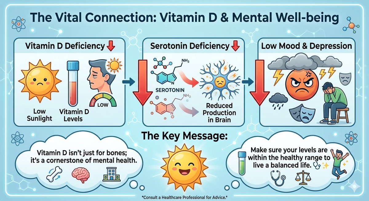 AliAl_khalifah's tweet image. المعادلة بسيطة:
نقص فيتامين دال ⬇️ = نقص السيروتونين ⬇️ = مزاج متعكر واكتئاب 😤😠
​الرسالة: فيتامين دال ليس للعظام فقط، بل هو ركيزة الصحة العقلية. تأكد من أن مخزونك في النطاق السليم لتعيش باتزان. 🩺
#biochemistry 
#laboratory 
#مختبرات_طبية 
#تحاليل #AliAl_khalifah