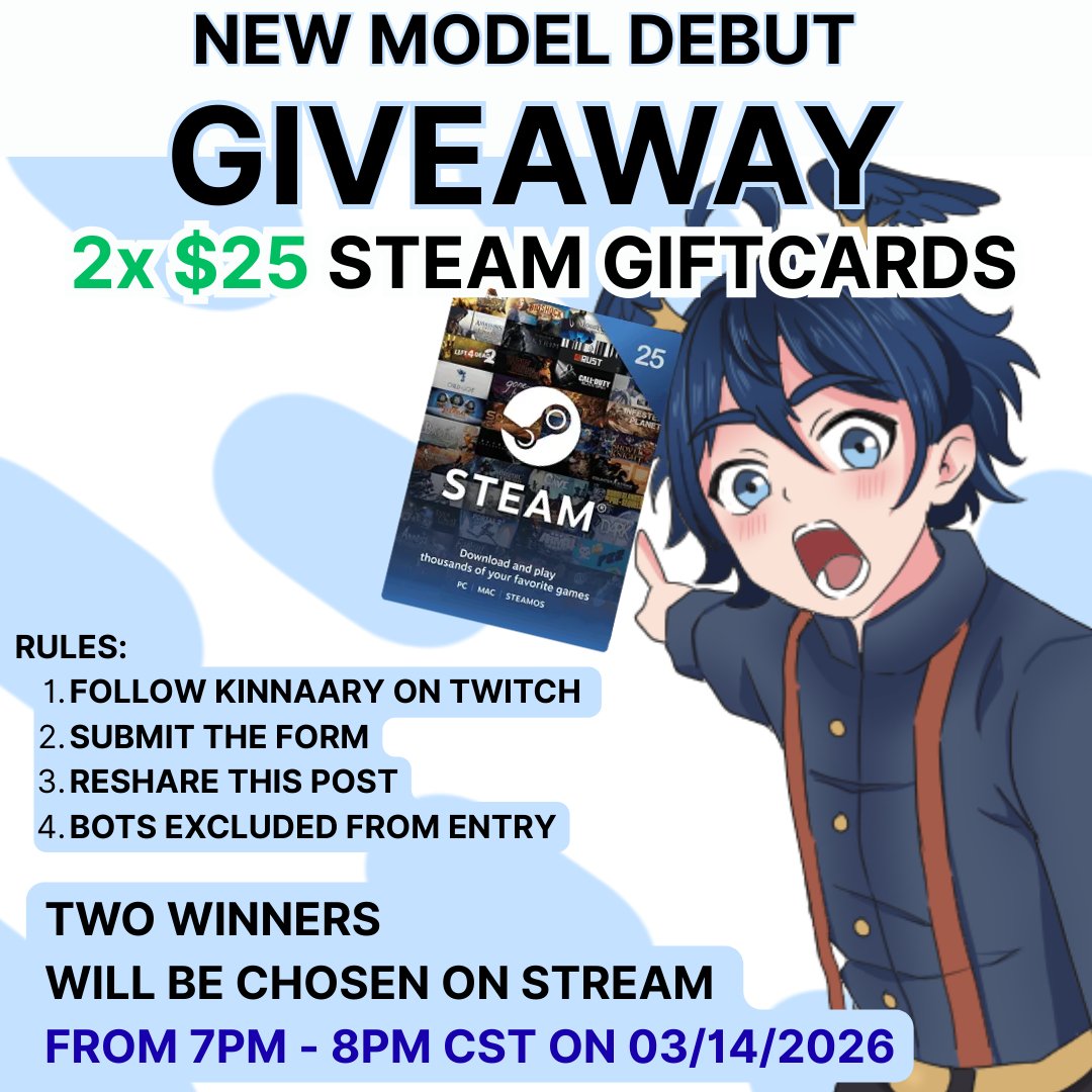 Kinnaary's tweet photo. NEW MODEL DEBUT G1VEAWAY! ⭐ In celebration of receiving my new model, I'm giving away 2x $25 Steam gift cards! Winners announced on my debut stream 03/14 from 7pm - 8pm CST. Form to enter in replies! #vtuber #envtuber #vtuberdebut #streaming #gaming #twitch #twitchgamer https://t.co/h6PWKzCmLF