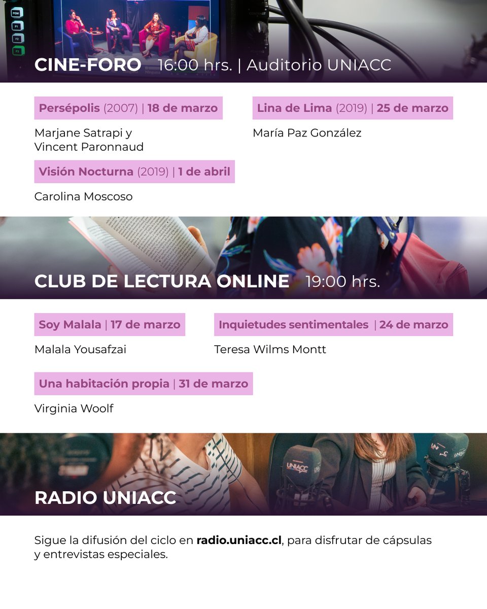 UNIACC's tweet photo. Durante marzo abrimos un espacio para escuchar, reflexionar y compartir historias que han marcado la vida de las mujeres a lo largo del tiempo.

💜 Revisa las fechas que te esperan durante marzo para ser parte de este ciclo.

#UNIACC #VocesDeMujeres #8M https://t.co/hUzavvOsfB